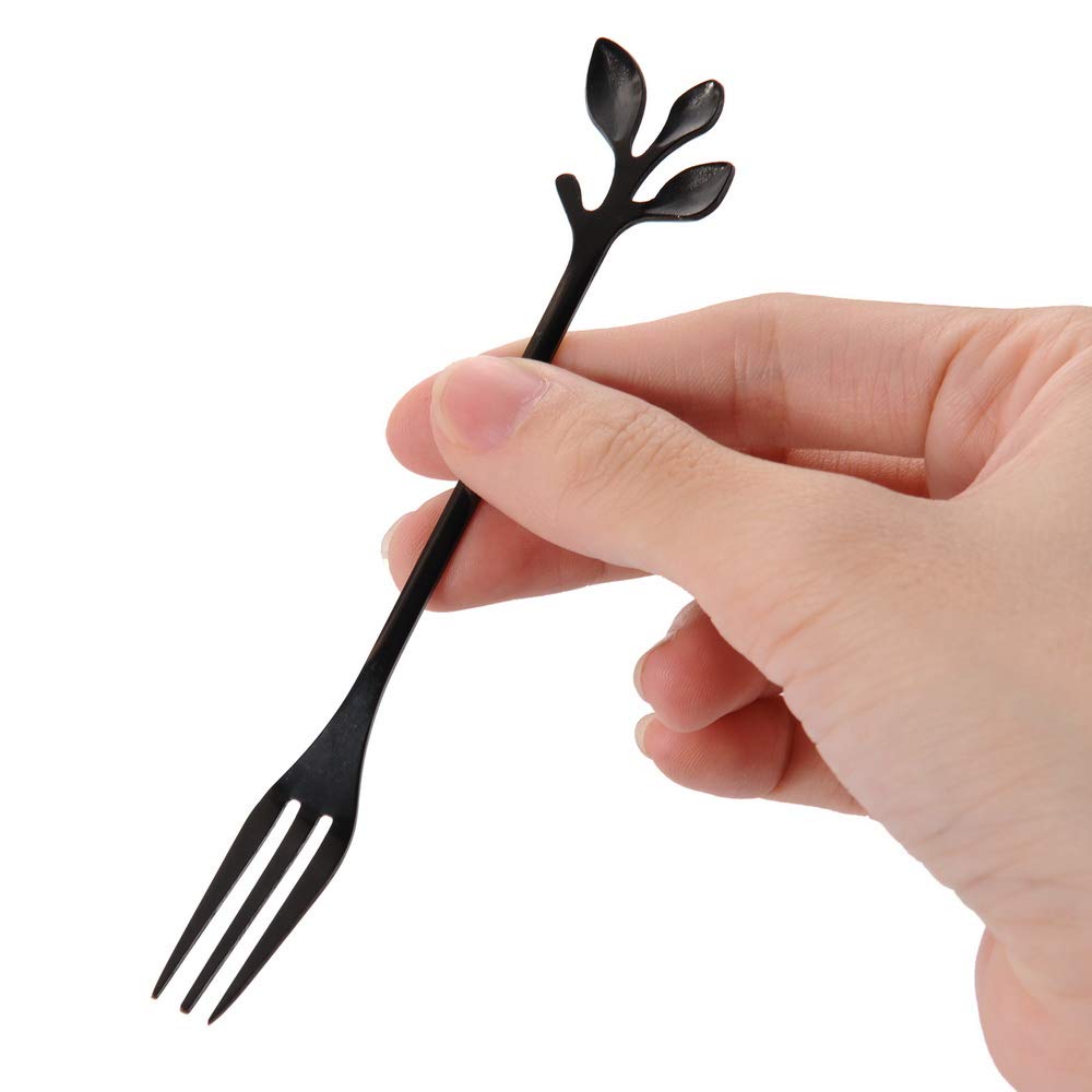 Stainless Steel Black Leaf Coffee Spoon Cake Fork-Ansaw 10 Pcs Creative Tableware Dessert Spoons, Stirring, Mixing, Sugar, Stir,